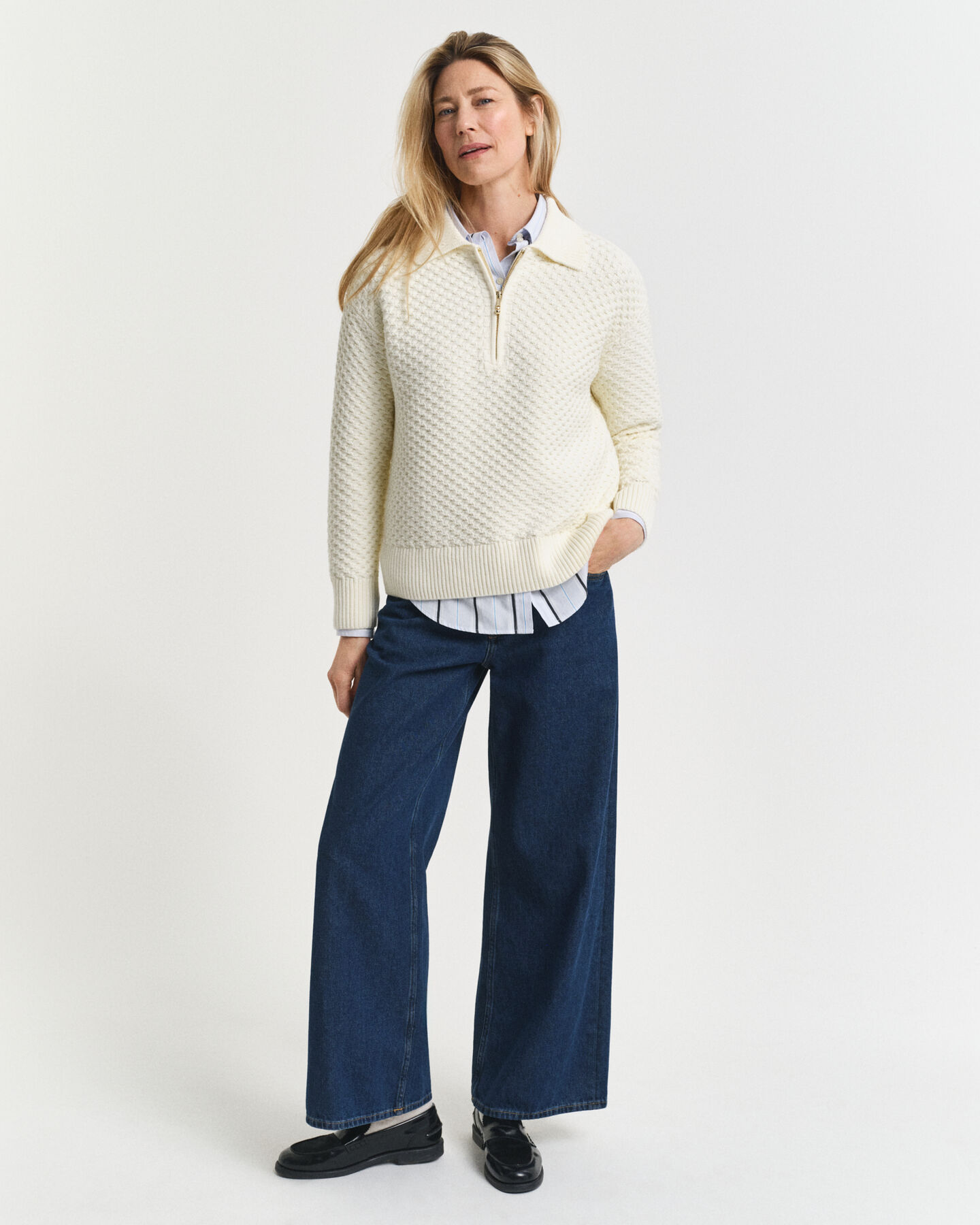 Katoenen Textured sweater met korte rits