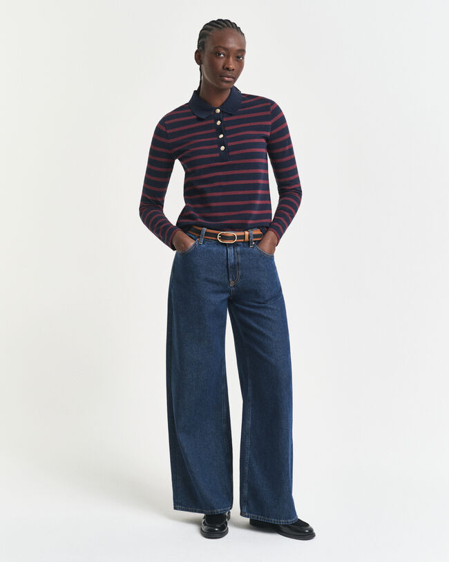 Piqu&eacute; poloshirt met lange mouwen en Bretonse streep