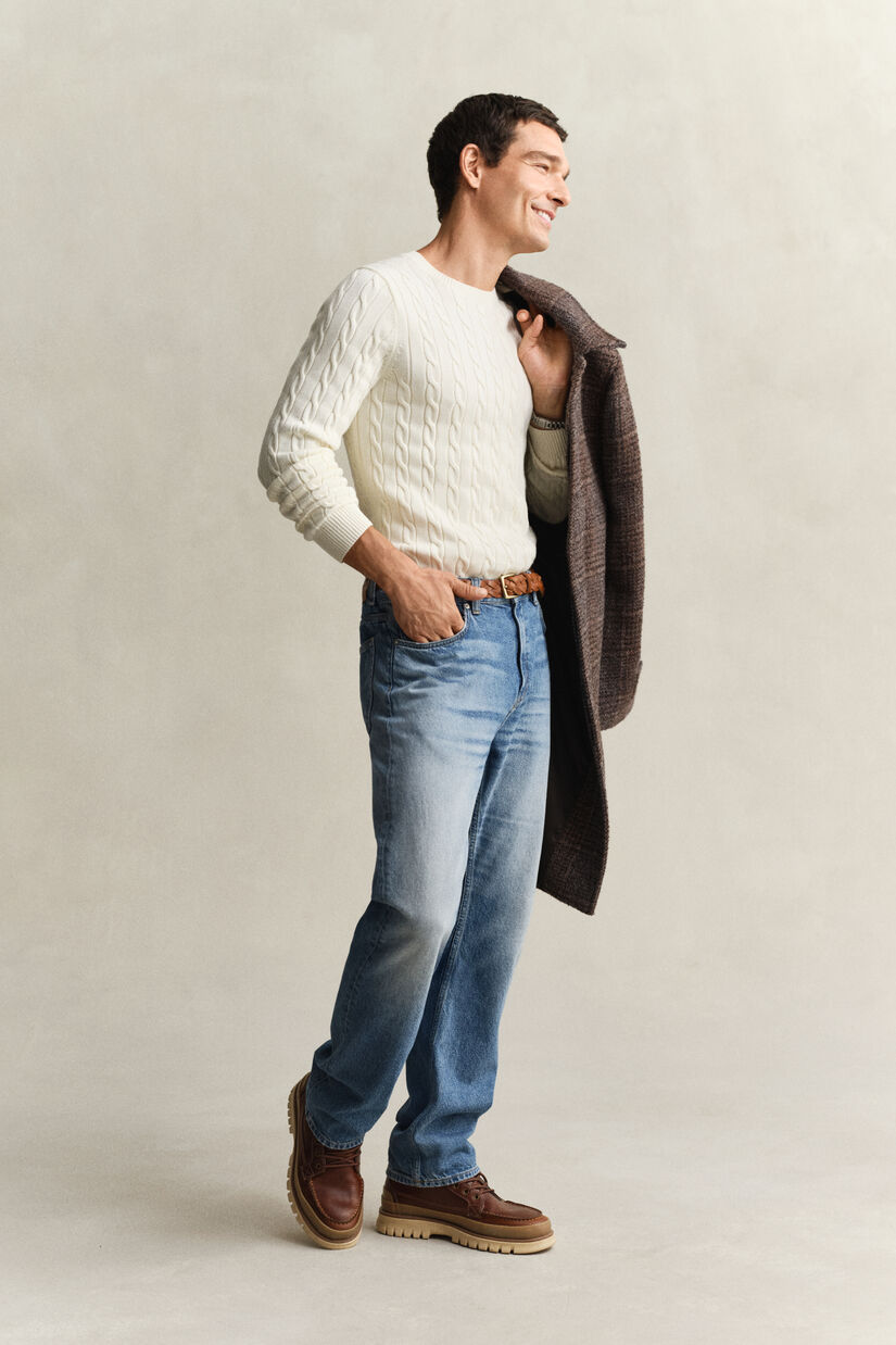 Katoenen gebreide kabeltrui met ronde hals