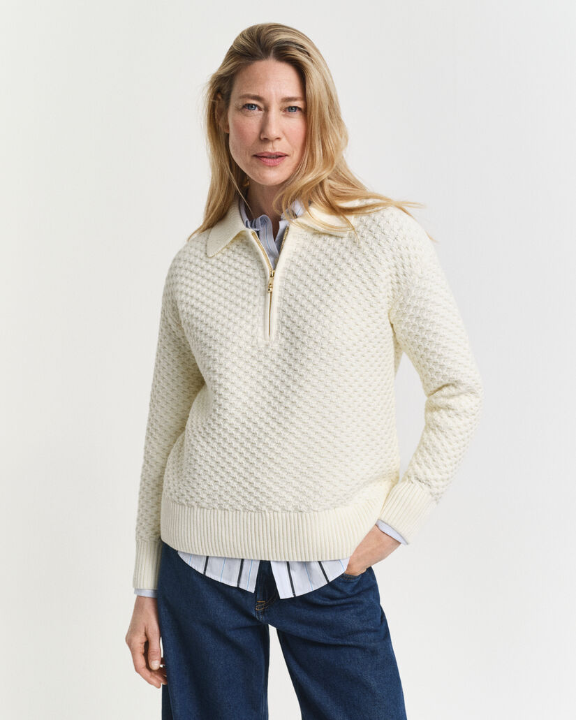 Katoenen Textured sweater met korte rits
