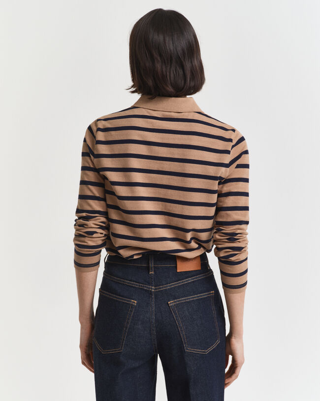 Piqu&eacute; poloshirt met lange mouwen en Bretonse streep