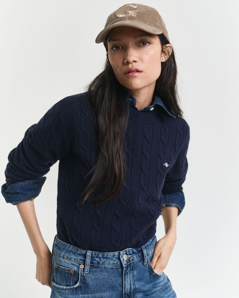 Lamswollen kabeltrui met ronde hals