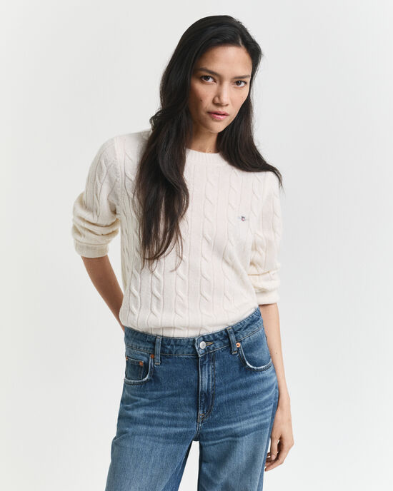 Lamswollen kabeltrui met ronde hals