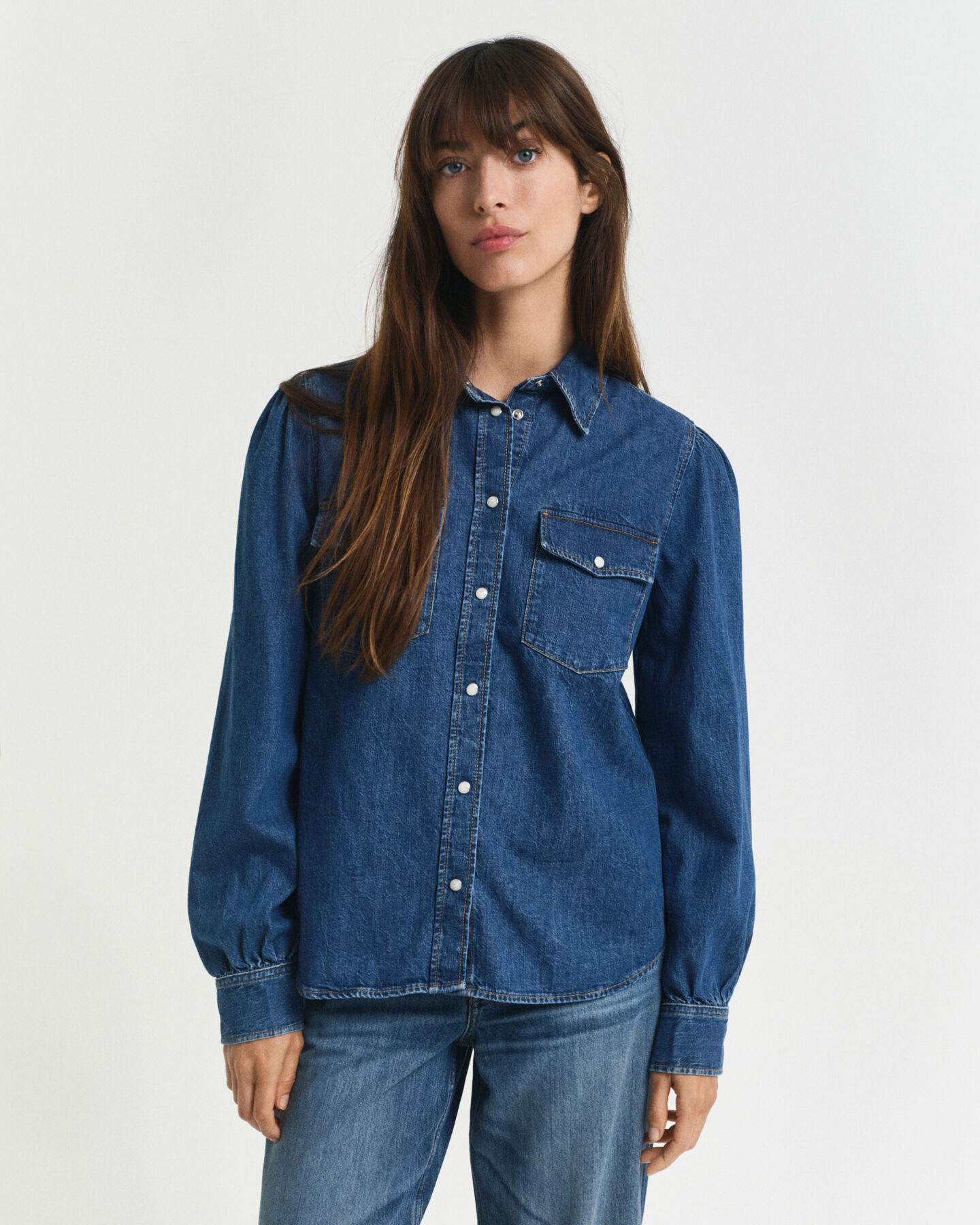 Regular Fit denim overhemd met pofmouwen
