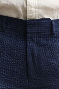 Indigo seersucker kostuumbroek