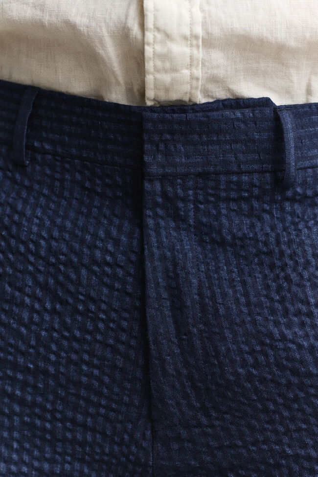Indigo seersucker kostuumbroek