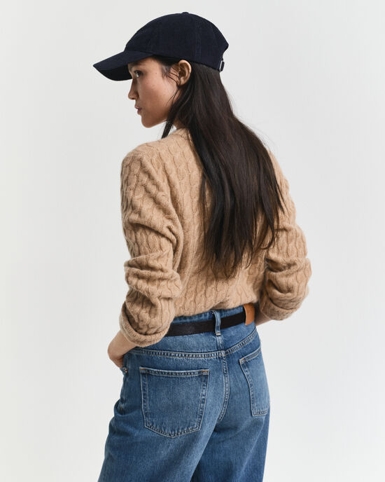 Gebreide kabeltrui met ronde hals van kasjmier