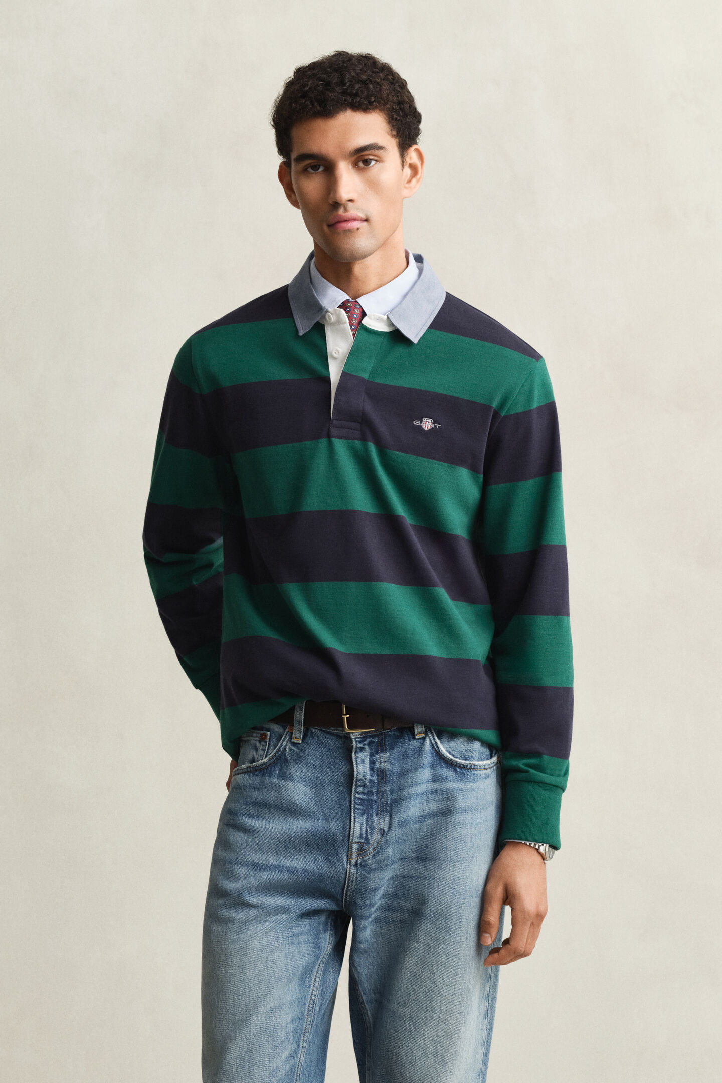 Gestreepte Heavy Rugger met chambray kraag
