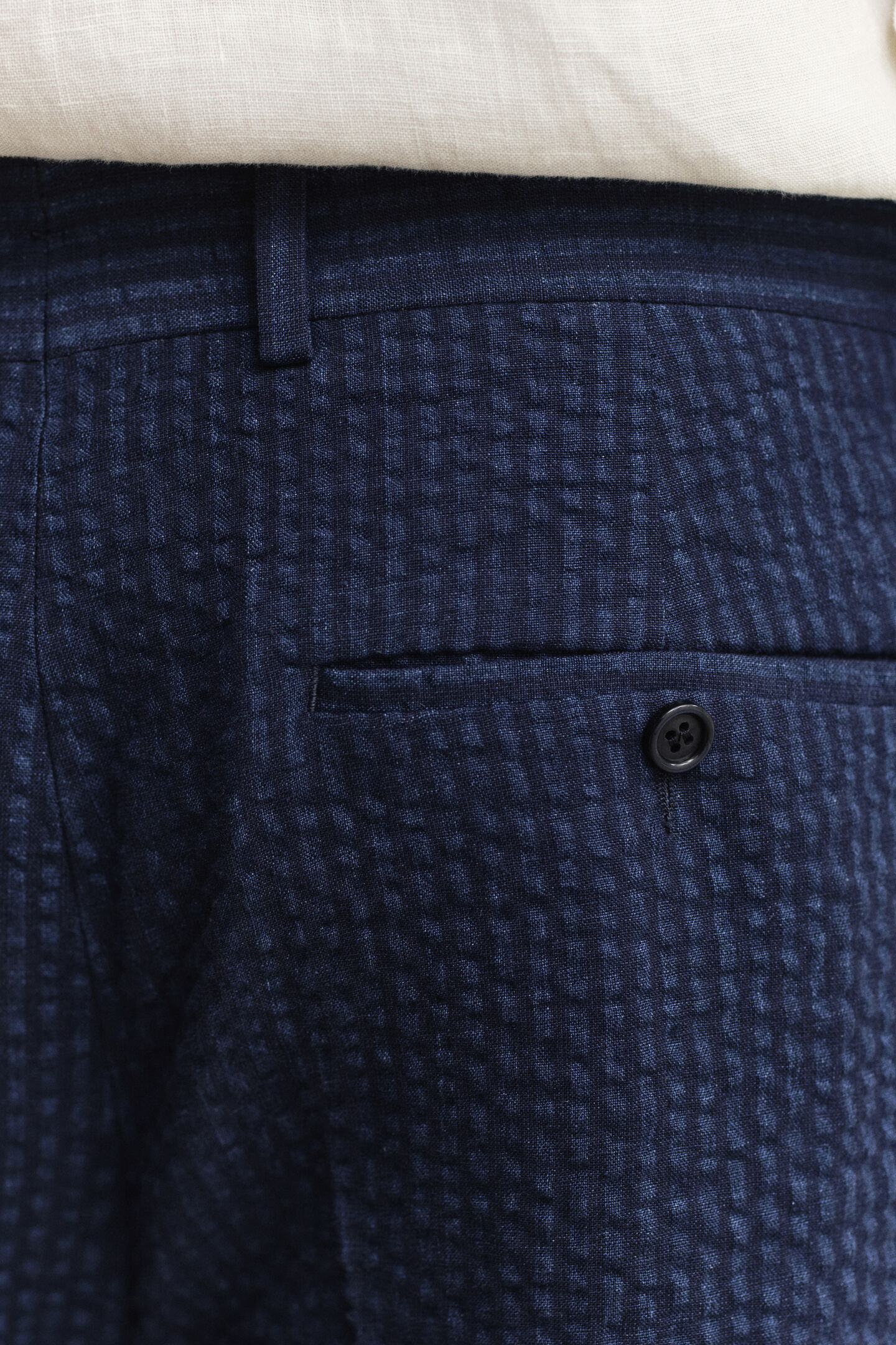 Indigo seersucker kostuumbroek